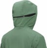 Grüne Kapuzenjacke mit schwarzem Reißverschluss am Rücken.