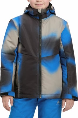 Jungen-Winterjacke mit blau-grauem Muster und Kapuze. Jungen-Winterjacke mit blau-grauem Muster und Kapuze.