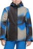 Jungen-Winterjacke mit blau-grauem Muster und Kapuze.
