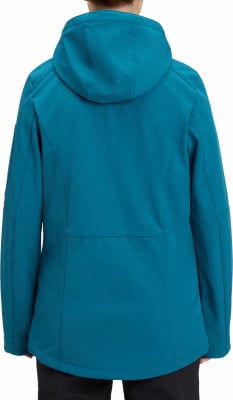 Rückansicht einer blaugrünen Damenjacke mit Kapuze. Rückansicht einer blaugrünen Damenjacke mit Kapuze.