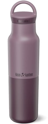 Violette Klean Kanteen Thermoskanne mit Henkel und Logo.
