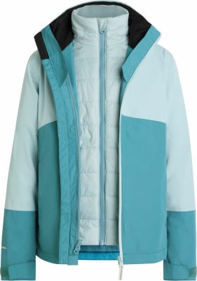 Eine Kapuzenjacke mit Reißverschluss, die mit einer gesteppten Weste gefüttert ist.