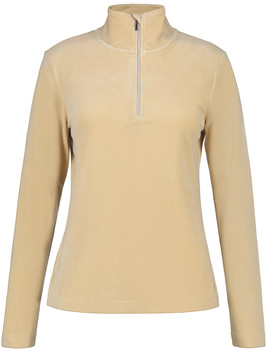 Beige gerippter Pullover mit Stehkragen und kurzem Reißverschluss.