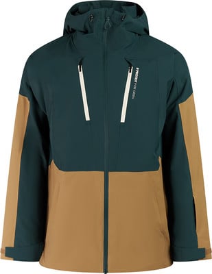 Grüne und braune Skijacke mit Kapuze und weißen Reißverschlüssen. Grüne und braune Skijacke mit Kapuze und weißen Reißverschlüssen.