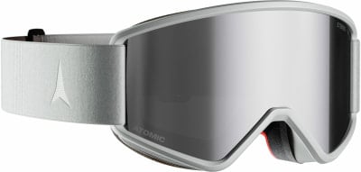 Atomic Skibrille mit silberner Spiegellinse und weißem Gurt.