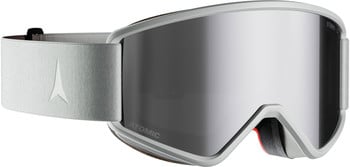 Atomic Skibrille mit silberner Spiegellinse und weißem Gurt.