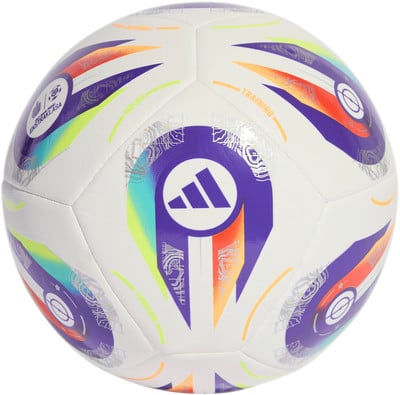 Fotbalový míč Adidas s barevnými pruhy a logem. Fotbalový míč Adidas s barevnými pruhy a logem.