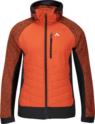Orange Daunenjacke mit schwarzen Ärmeln und Kapuze, Logo eines Berggipfels. Orange Daunenjacke mit schwarzen Ärmeln und Kapuze, Logo eines Berggipfels.