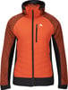 Orange Daunenjacke mit schwarzen Ärmeln und Kapuze, Logo eines Berggipfels.