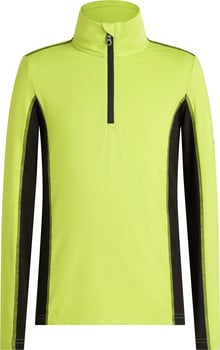 Grüner Pullover mit schwarzen Seitenstreifen und Reißverschluss am Kragen.