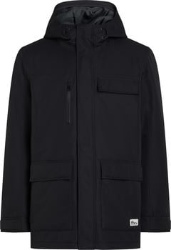 Schwarze Herrenjacke mit Kapuze, Reißverschluss und Taschen.