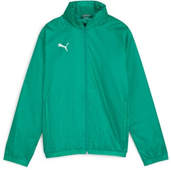 Grüne Puma Herrenjacke mit weißem Logo und Reißverschluss.