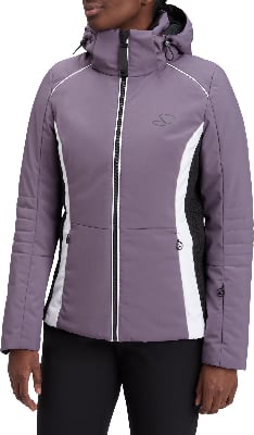 Damen-Skijacke in Lila mit weißen und schwarzen Details und Kapuze. Damen-Skijacke in Lila mit weißen und schwarzen Details und Kapuze.