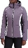 Damen-Skijacke in Lila mit weißen und schwarzen Details und Kapuze.