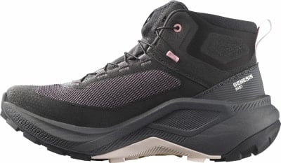 Schwarzer, mittelhoher Wanderschuh mit rosafarbenen Details und dem Schriftzug Genesis Mid.