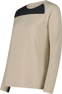 Beiges Langarmshirt mit einem dunklen Streifen am Kragen. Beiges Langarmshirt mit einem dunklen Streifen am Kragen.