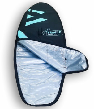 Schwarze Surfbrett-Tasche mit Logo und Aufschrift FRAGILE.