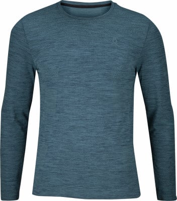 Blaues Langarmshirt mit feinem Muster und Logo auf der Brust. Blaues Langarmshirt mit feinem Muster und Logo auf der Brust.