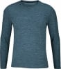 Blaues Langarmshirt mit feinem Muster und Logo auf der Brust.