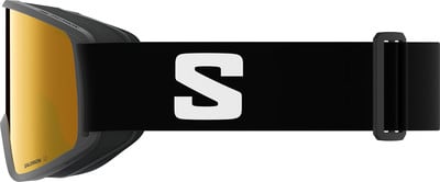 Skibrille mit goldenem Spiegellinsen und schwarzem Band mit S-Symbol. Skibrille mit goldenem Spiegellinsen und schwarzem Band mit S-Symbol.