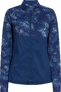 Dunkelblaue Damenjacke mit blauen und weißen Sprenkeln und durchgehendem Reißverschluss.