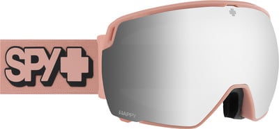 Eine rosafarbene SPY+ Skibrille mit großem verspiegeltem Glas und HAPPY-Logo.
