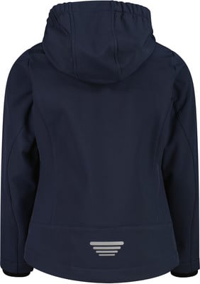 Rückansicht einer dunkelblauen Softshelljacke mit Kapuze und Reflektor.