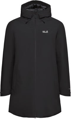 Schwarze Herrenjacke mit Kapuze und Jack Wolfskin Logo auf der Brust. Schwarze Herrenjacke mit Kapuze und Jack Wolfskin Logo auf der Brust.