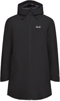 Schwarze Herrenjacke mit Kapuze und Jack Wolfskin Logo auf der Brust.