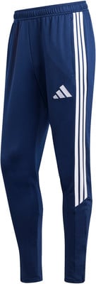 Eine dunkelblaue Adidas Sporthose mit weißen Streifen an der Seite.