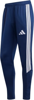 Eine dunkelblaue Adidas Sporthose mit weißen Streifen an der Seite.