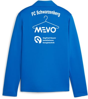 Blaue Jacke mit weißem Logo und Schriftzug FC Schwarzenberg und MEVO.