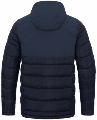 Rückansicht einer dunkelblauen Daunenjacke mit Kapuze. Rückansicht einer dunkelblauen Daunenjacke mit Kapuze.