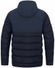 Rückansicht einer dunkelblauen Daunenjacke mit Kapuze.