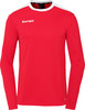 Rotes Langarmshirt mit weißem Kragen und Schulterpartie.