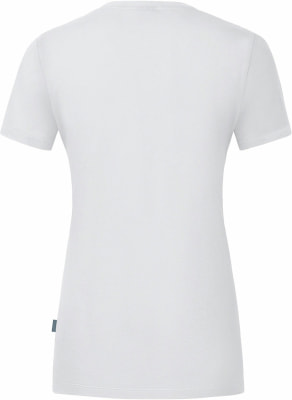 Rückansicht eines weißen Damen-T-Shirts mit kurzen Ärmeln und kleinem Etikett. Rückansicht eines weißen Damen-T-Shirts mit kurzen Ärmeln und kleinem Etikett.