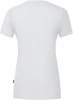 Rückansicht eines weißen Damen-T-Shirts mit kurzen Ärmeln und kleinem Etikett.