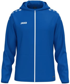 Eine blaue Herrenjacke mit Kapuze und weißem Reißverschluss von Jako.