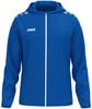 Eine blaue Herrenjacke mit Kapuze und weißem Reißverschluss von Jako.