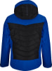 Blaue Jacke mit schwarzem Stepp-Einsatz am Rücken und Kapuze.