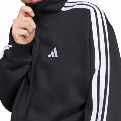 Schwarze Adidas Jacke mit weißen Streifen und Logo. Schwarze Adidas Jacke mit weißen Streifen und Logo.