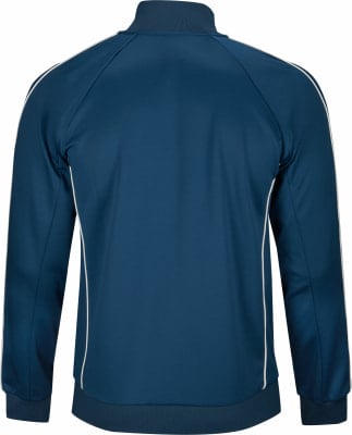 Rückansicht einer dunkelblauen Jacke mit weißen Streifen an Ärmeln und Kragen. Rückansicht einer dunkelblauen Jacke mit weißen Streifen an Ärmeln und Kragen.