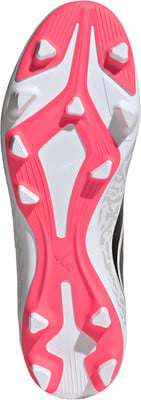 Fußballschuhsohle mit rosa und weißen Stollen.