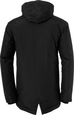 Rückansicht einer schwarzen Jacke mit Kapuze und Schlitz unten. Rückansicht einer schwarzen Jacke mit Kapuze und Schlitz unten.