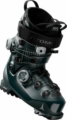 Ein dunkelgrüner Atomic Skischuh mit BOA-System und verstellbaren Schnallen. Ein dunkelgrüner Atomic Skischuh mit BOA-System und verstellbaren Schnallen.