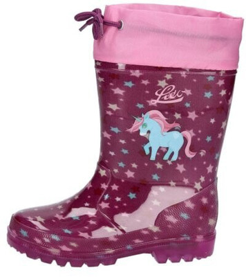 Mädchen-Gummistiefel mit Einhorn- und Sternenmotiv auf dunkelrosa Hintergrund. Mädchen-Gummistiefel mit Einhorn- und Sternenmotiv auf dunkelrosa Hintergrund.