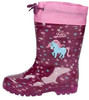 Mädchen-Gummistiefel mit Einhorn- und Sternenmotiv auf dunkelrosa Hintergrund.