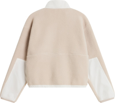 Beige Fleecejacke mit weißen Einsätzen an Ärmeln und Kragen.