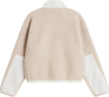 Beige Fleecejacke mit weißen Einsätzen an Ärmeln und Kragen.