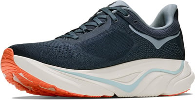 Blauer Laufschuh mit orangefarbener Sohle und hellen Details.